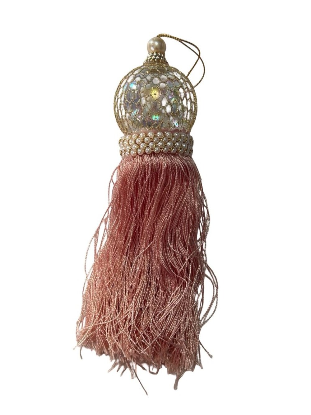 Jeweled Glass Ball Blush Pink Tassel Christmas Ornament Pearl Gold 7"